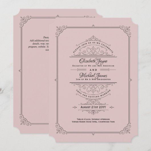 Regency Dusty Roos Wedding Invitations Kaart (Voorkant / Achterkant)