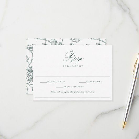 Regency Emerald Allergy Diet Restriction Wedding RSVP Kaartje (Voorkant / Achterkant in situ)
