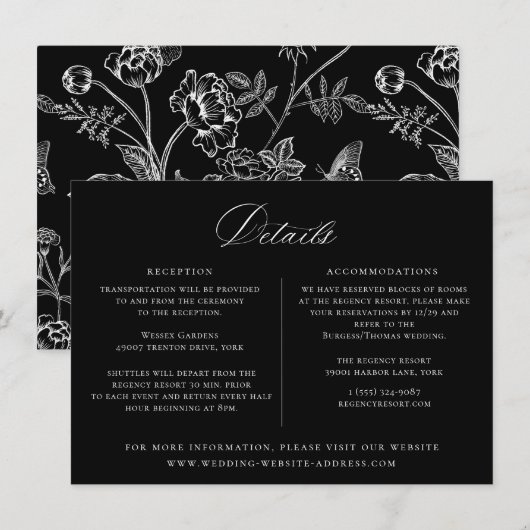 Regency Era Black Floral Wedding Details Kaart (Voorkant / Achterkant)
