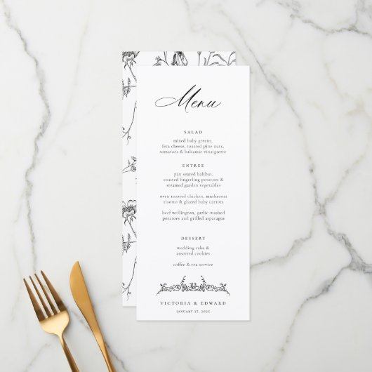 Regency Era Black  Floral Wedding Menu (Voorkant / Achterkant in situ)