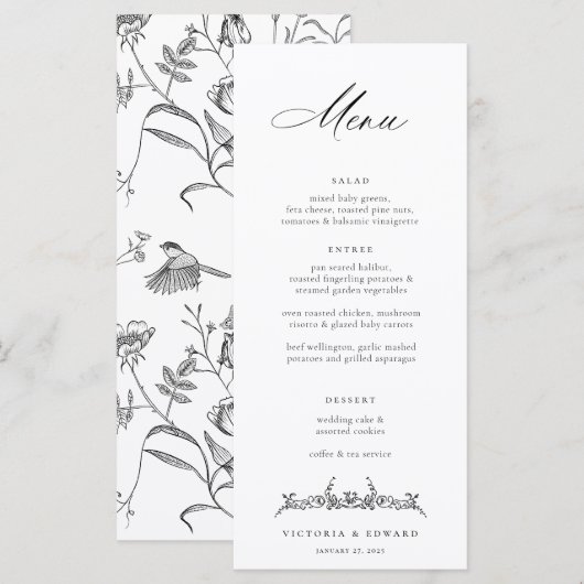 Regency Era Black  Floral Wedding Menu (Voorkant / Achterkant)