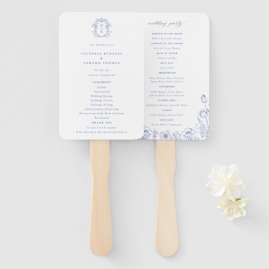 Regency Era Blue Crest Monogram Trouwprogramma Handwaaier (Voorkant en achterkant)
