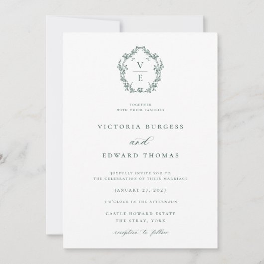 Regency Era Emerald Monogram Crest Wedding Kaart (Voorkant)