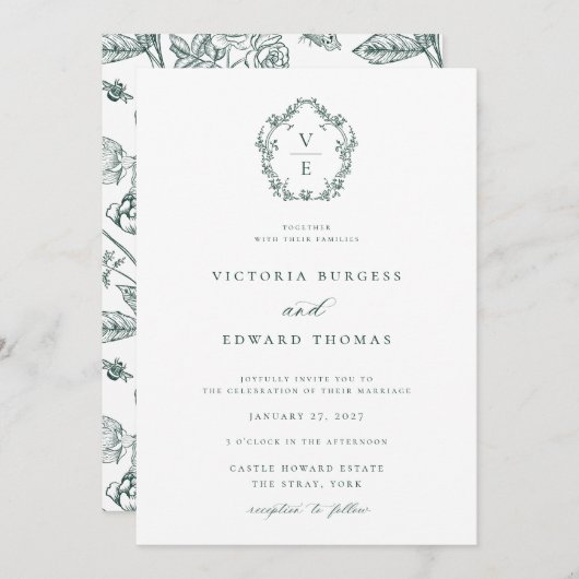 Regency Era Emerald Monogram Crest Wedding Kaart (Voorkant / Achterkant)