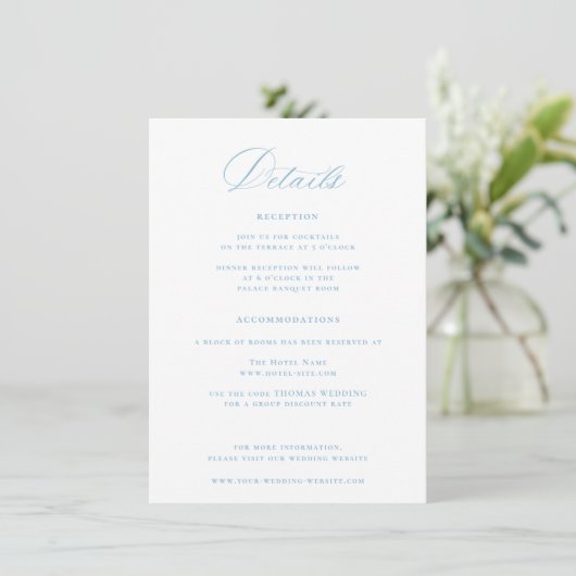 Regency Era Light Sky Blue Wedding Details Informatiekaartje (Staand voorkant)