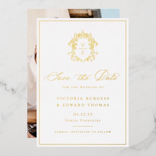 Regency Era Monogram Crest Trouwfoto Folie Uitnodiging (Voorkant / Achterkant)