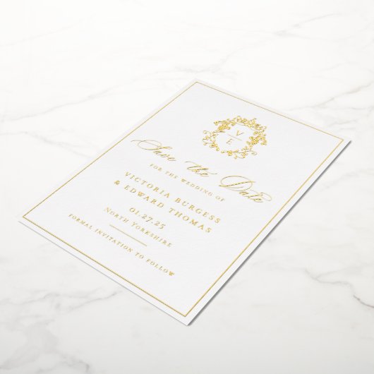 Regency Era Monogram Crest Trouwfoto Folie Uitnodiging (Gedraaid)