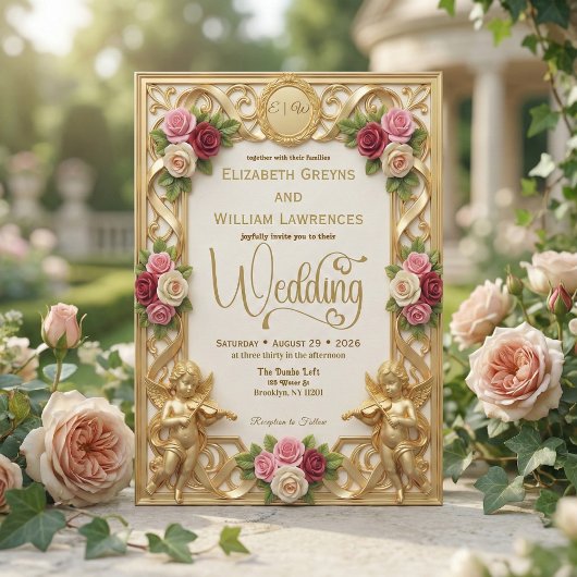 Regency Era Tuin Cherubijn Monogram Trouwdag Kaart