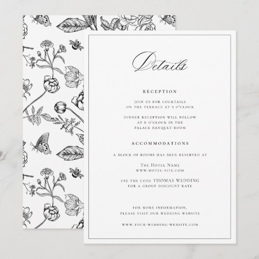 Regency Era Zwart Bruiloft Details Kaart (Voorkant / Achterkant)