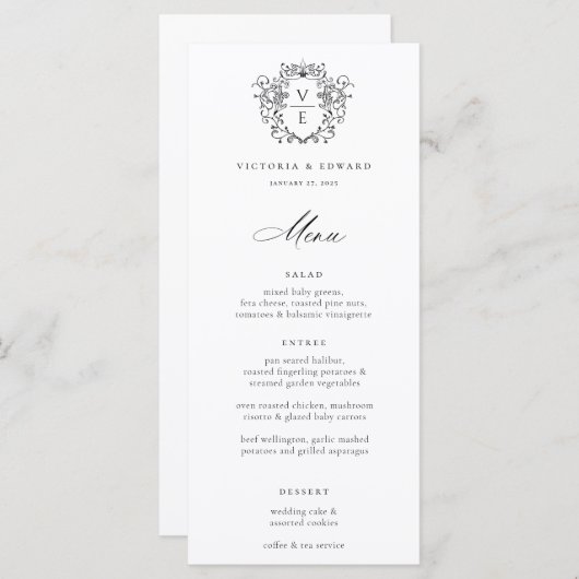 Regency Era zwart Crest Monogram bruiloft Menu (Voorkant / Achterkant)