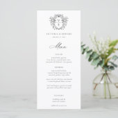 Regency Era zwart Crest Monogram bruiloft Menu (Staand voorkant)
