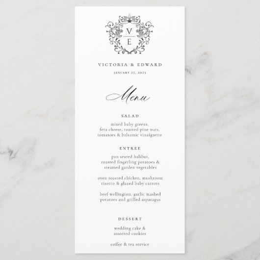 Regency Era zwart Crest Monogram bruiloft Menu (Voorkant)