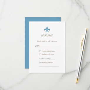 Regency French Blue Fleur de Lis Design Wedding RSVP Kaartje