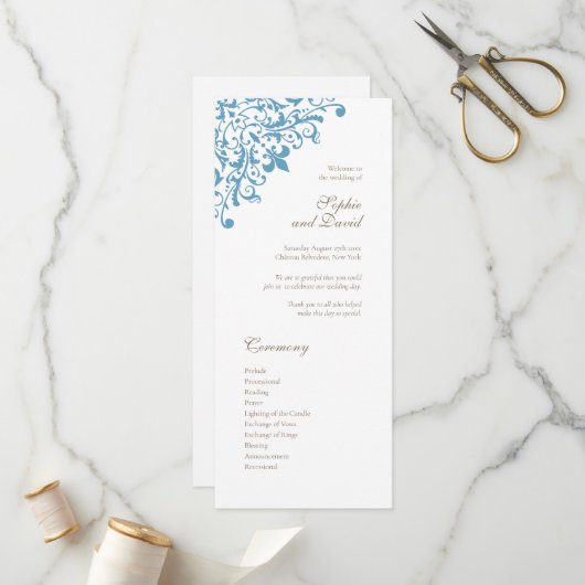 Regency French Blue Fleur de Lis Pattern Wedding Programmakaart (Voorkant / Achterkant in situ)