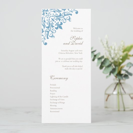 Regency French Blue Fleur de Lis Pattern Wedding Programmakaart (Staand voorkant)