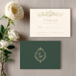Regency Garden Vintage Classic Romantic Wedding RSVP Kaartje<br><div class="desc">Complete your Regency Era wedding suite with this Pride and Prejudice inspired RSVP card, designed to pair beautifully with your Jane Austen garden party invitation. Featuring delicate vintage florals, refined script typography, and a timeless layout, this elegant reply card with a rich dark green back captures the romance of an...</div>