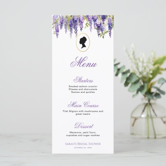  Regency Lady Paarse Wisteria Vrijgezellenfeest Menu (Staand voorkant)