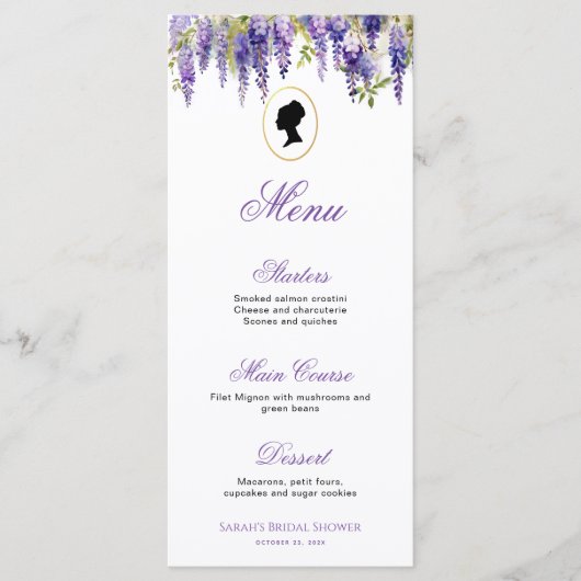  Regency Lady Paarse Wisteria Vrijgezellenfeest Menu (Voorkant)