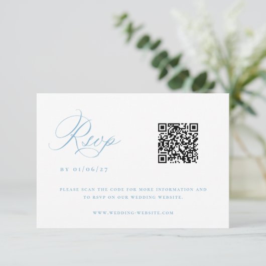 Regency Licht Blauw Chinoiserie Huwelijk QR Code RSVP Kaartje (Staand voorkant)