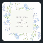 Regency Lichtblauwe Aquarel Bloemen Bruiloft Vierkante Sticker<br><div class="desc">Mooie en elegante bruiloft etiketten met een vierkant kader van lichtblauwe aquarel bloemen,  gepersonaliseerd met uw namen en bruiloft datum in het midden in grijs.</div>