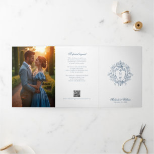 Regency Monogram Crest Foto Huwelijk Drieluik Uitnodiging