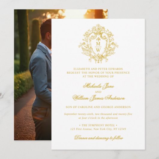 Regency Monogram Crest Foto Huwelijk Kaart (Voorkant / Achterkant)