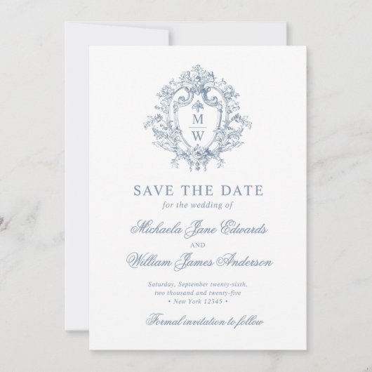 Regency Monogram Crest & Fotobruiloft Save The Date (Voorkant)