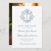 Regency Monogram Crest & Fotobruiloft Save The Date (Voorkant / Achterkant)