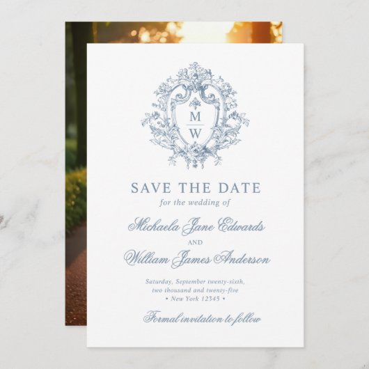 Regency Monogram Crest & Fotobruiloft Save The Date (Voorkant / Achterkant)