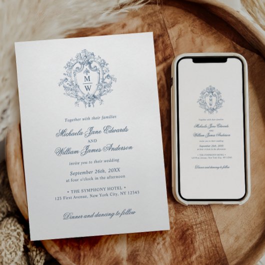 Regency Monogram Crest Niet-Foto Huwelijk Kaart