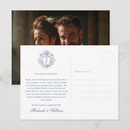 Regency Monogram Crest Wedding Bedankt Briefkaart (Voorkant / Achterkant)