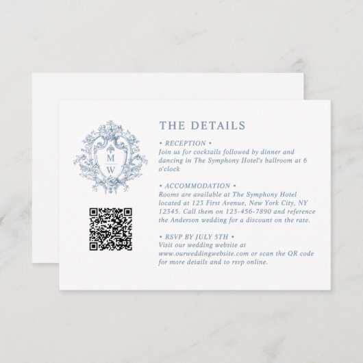  Regency Monogram Crest Wedding Details QR Informatiekaartje (Voorkant / Achterkant)
