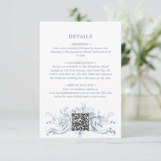  Regency Monogram Crest Wedding Details QR Informatiekaartje (Staand voorkant)