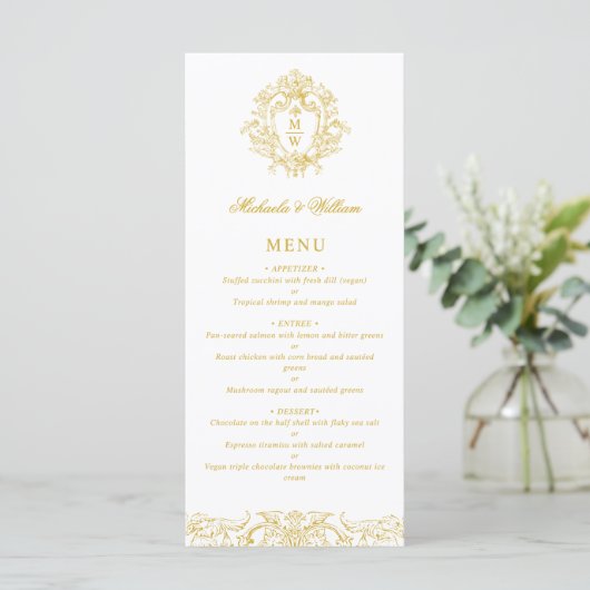  Regency Monogram Crest Wedding Elegant Menu (Staand voorkant)