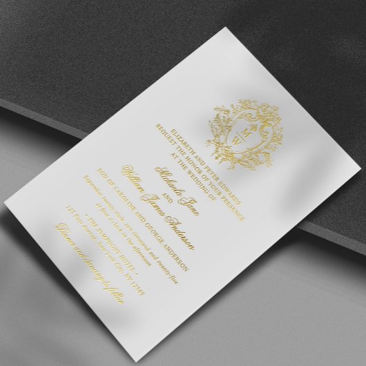 Regency Monogram Crest Wedding Real Folie Uitnodiging