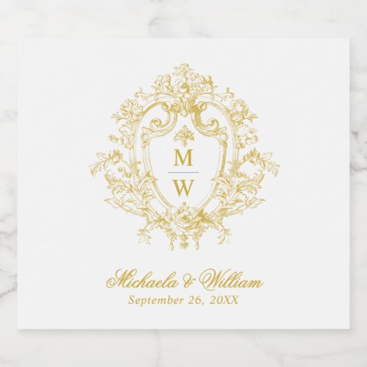 Regency Monogram Crest Wedding Sparkling Wijnetiket (Enkel label)