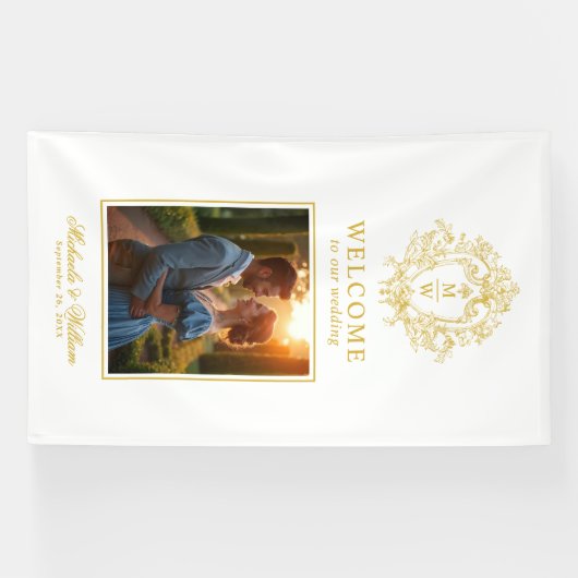  Regency Monogram Crest Wedding Welkom Spandoek (Horizontaal)