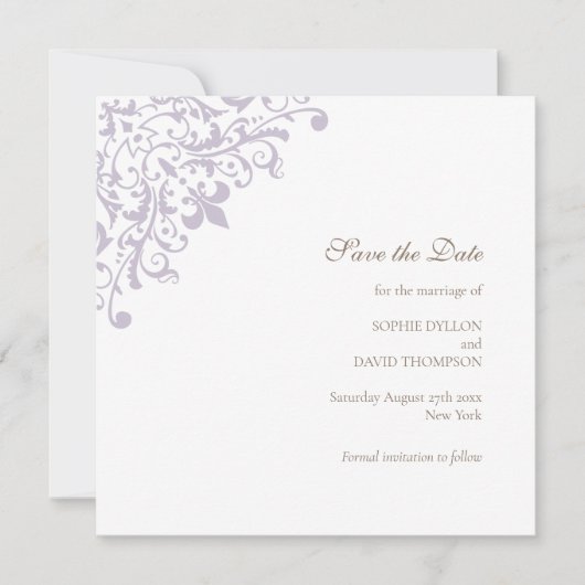 Regency Paarse Fleur de Wedding Save the Date (Voorkant)