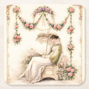 Regency Rose Garden Lezende Dame Kartonnen Onderzetters