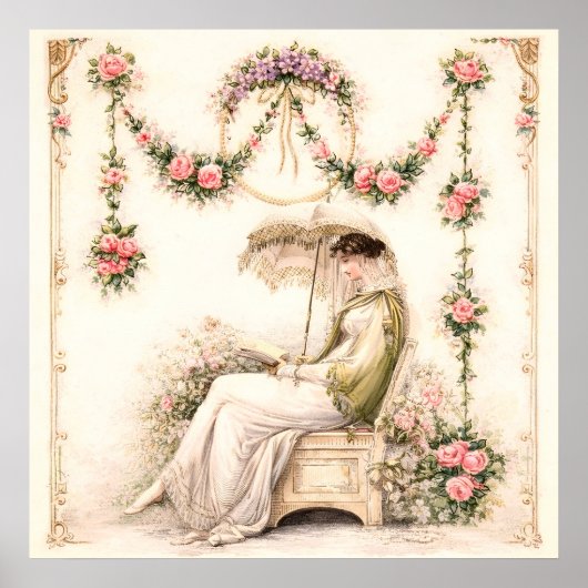 Regency Rose Garden Lezende Dame Poster (Voorkant)