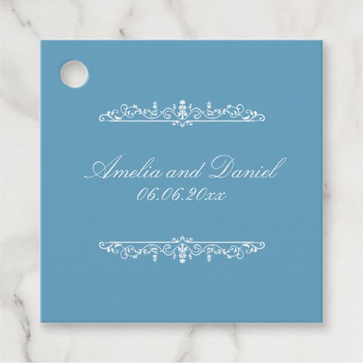 Regency stijl blauwe bruiloft bedankjes labels (Voorkant)