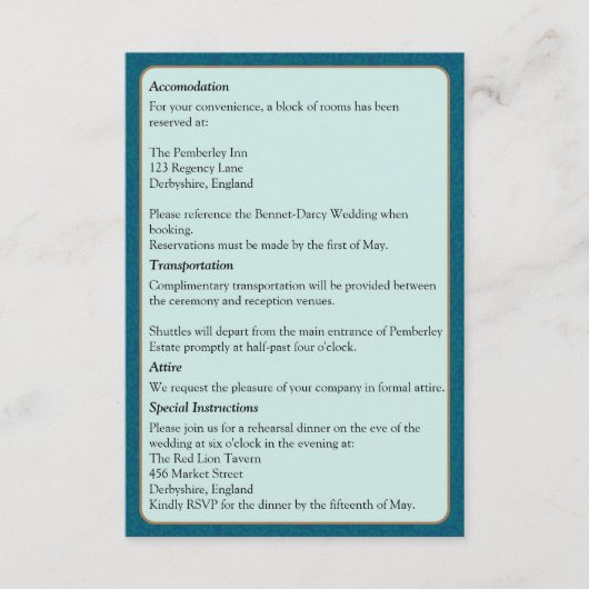 Regency Stijl Bruiloft details Regencycore Informatiekaartje (Voorkant)