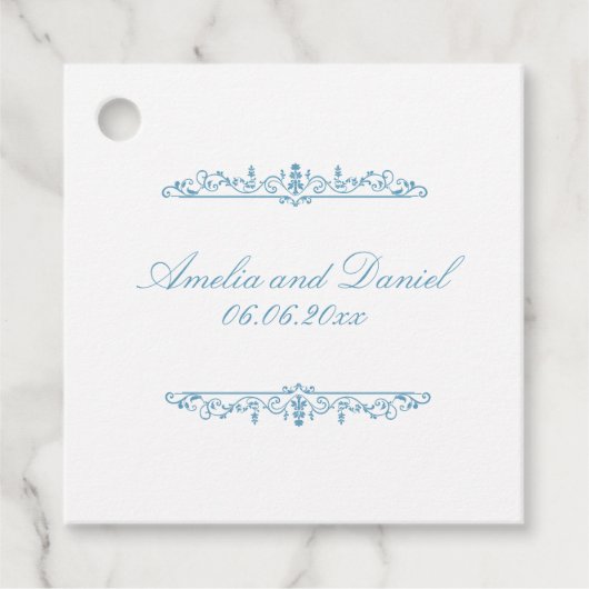 Regency stijl wit & blauw bruiloft bedankjes labels (Voorkant)
