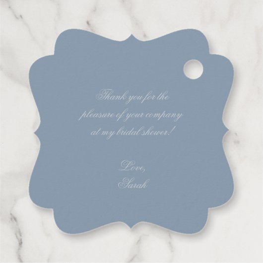 Regency Stofblauw Elegante Wapen Bruidsdouche Bedankjes Labels (Achterkant)