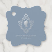 Regency Stofblauw Elegante Wapen Bruidsdouche Bedankjes Labels (Voorkant)