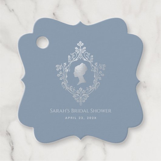 Regency Stofblauw Elegante Wapen Bruidsdouche Bedankjes Labels (Voorkant)