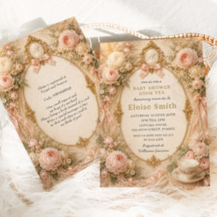 Regency-theevisite met roze bloemen en parels kaart