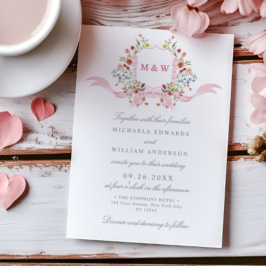 Regency Waterverf Botanical Pink Crest Wedding Kaart