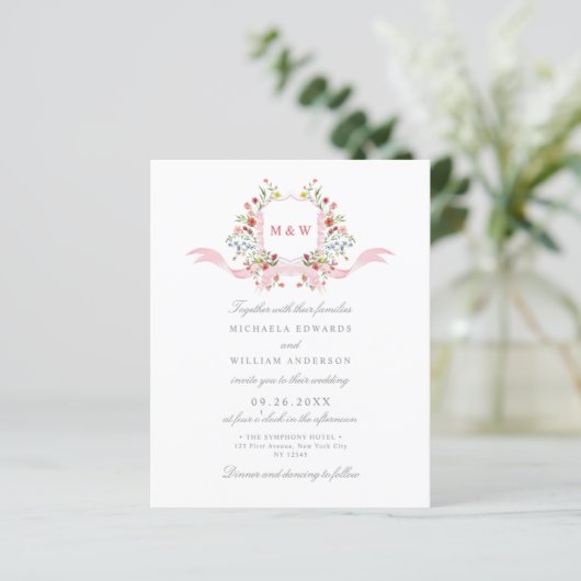 Regency Waterverf Floral Crest Wedding Invitation (Staand voorkant)