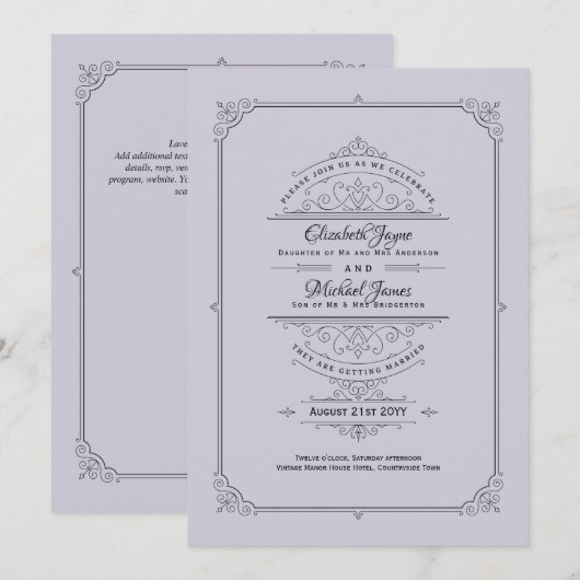 Regency Wedding Invitation  Lavender Kaart (Voorkant / Achterkant)